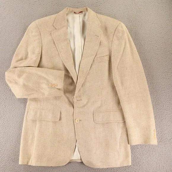 VTG Jos A Bank Jacket 44R L Beige Micro check textured weave 100% Silk Blazer - Picture 1 of 16